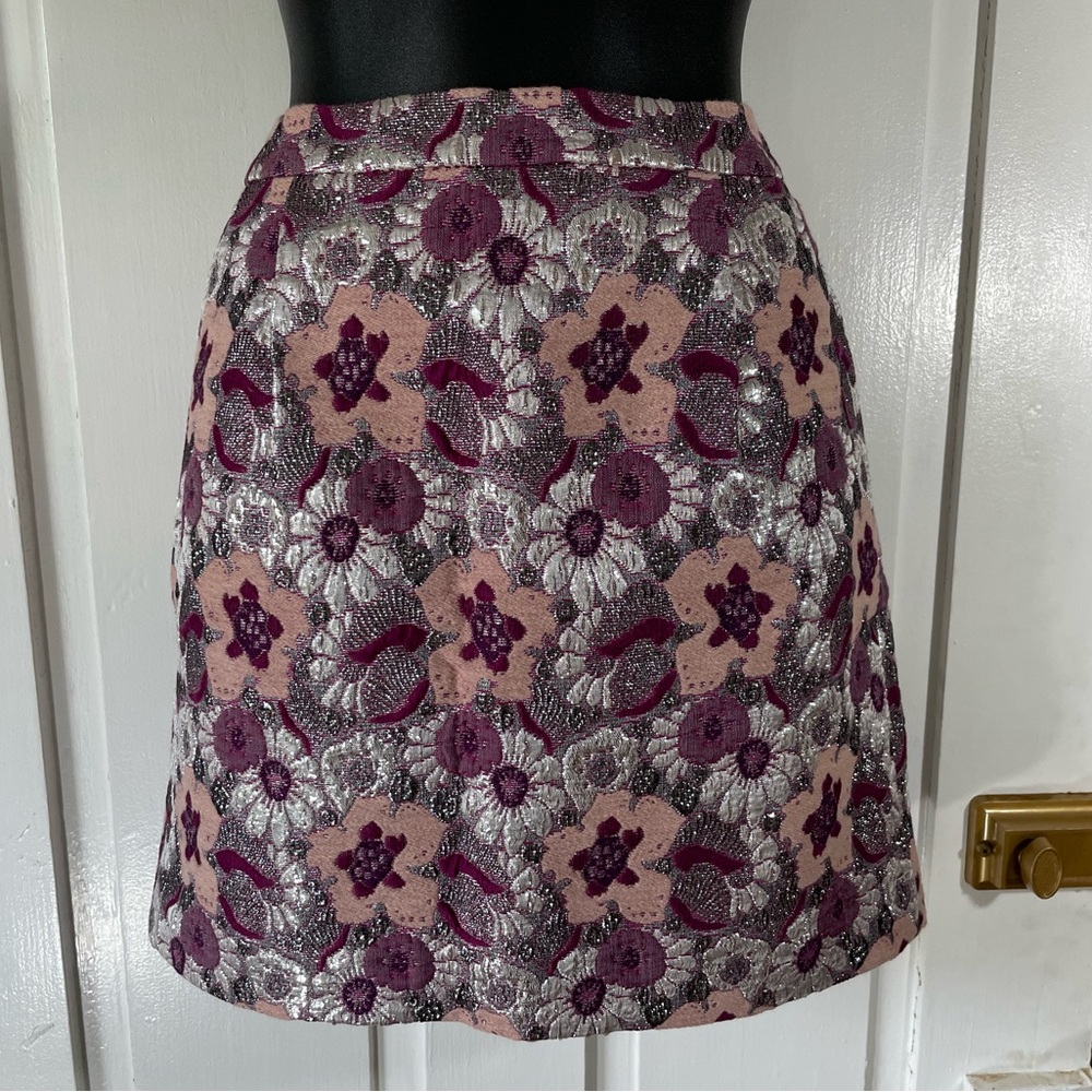 J CREW Pink and Silver Metallic Floral Mini Skirt